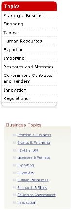 Screenshots that compare the Canada Business website’s current left-hand tool bar with its prototype version
