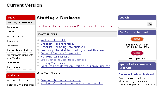 Screenshot of the current Canada Business sub page, "Starting a Business"