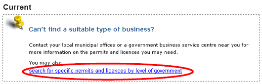Screenshot showing the "search for specific permits and licences by level of government" link on the current BizPal website