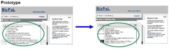 Screenshot showing step 2 of the prototype BizPaL tool