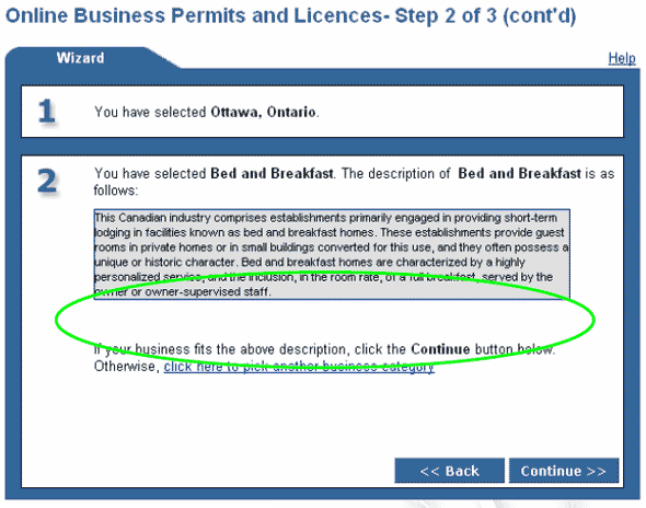 Screenshot of Iframe Model — Online Business Permits and Licences — Step 2 of 3 (continued) (Confirmation of type of business)