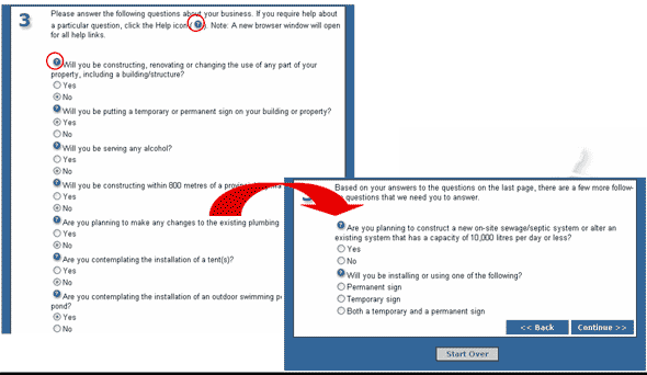 Screenshot of Iframe Model — Online Business Permits and Licences — Step 3 of 3 (Questionnaire)