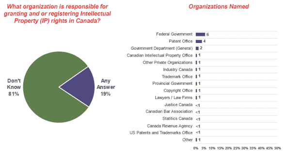 Pie chart of what organization is responsible for granting and or registering Intellectual Property (IP) rights in Canada and bar chart of organizations named
