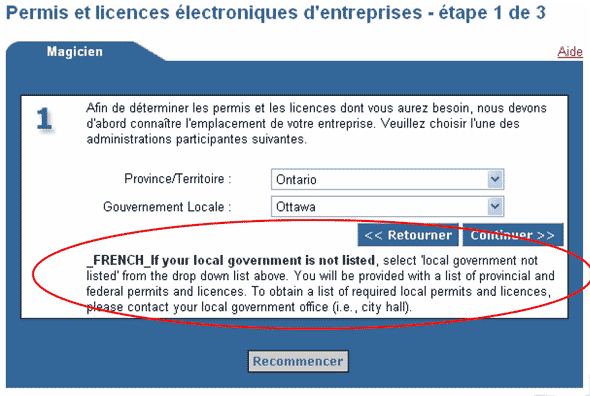 Capture d'ecran de le modèle Iframe — Permis et licences électroniques d'entreprises— Étape 1 de 3 (Emplacement)