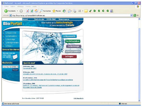 Capture d'écran de la page d'accueil du BioPortail