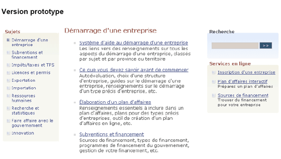 Capture d'écran de la sous-page prototype d'Entreprises Canada, « Démarrage d'une entreprise »