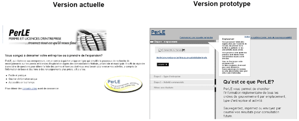 Comparaison entre la capture d'écran de la page actuelle du site Web de PerLE et celle de la version prototype