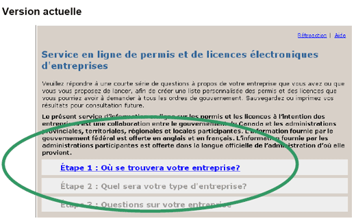 Capture d'écran de la page actuelle du site Web de PerLE, « Service en ligne de permis et de licences électroniques d'entreprises » 