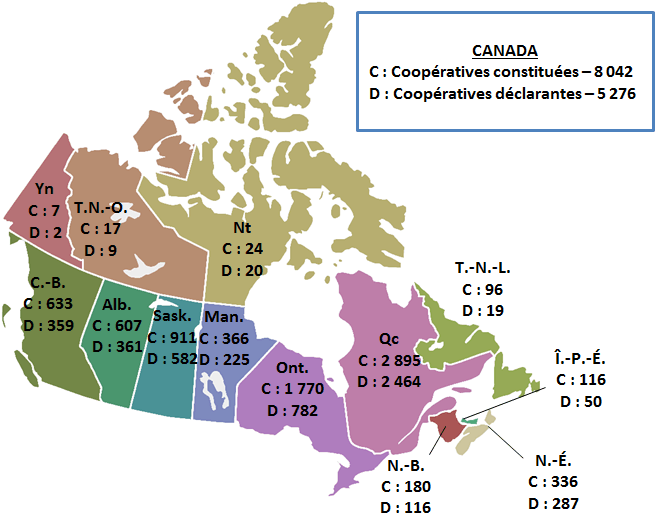 Carte du Canada illustrant les coopératives par emplacement de siège social (la description détaillée se trouve sous l'image)