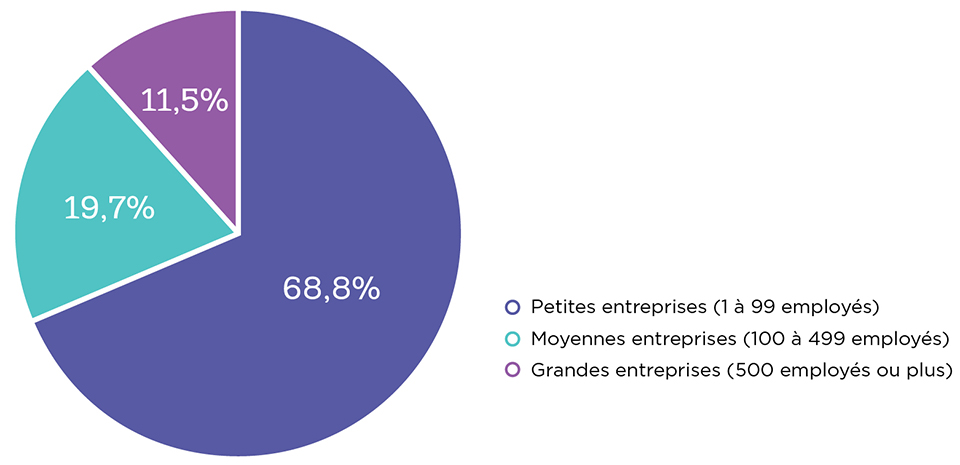 Graphique circulaire illustratant la Distribution de l'emploi des entreprises du secteur privé selon la taille de l'entreprise, 2019 (la description détaillée se trouve sous l'image)