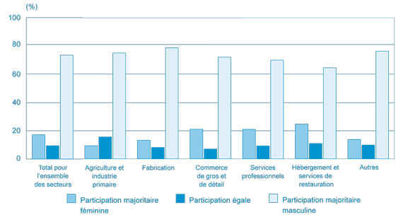 Figure 14 : Participation à la propriété des entreprises, selon le sexe et l'industrie, 2010 (la description détaillée se trouve sous l'image)