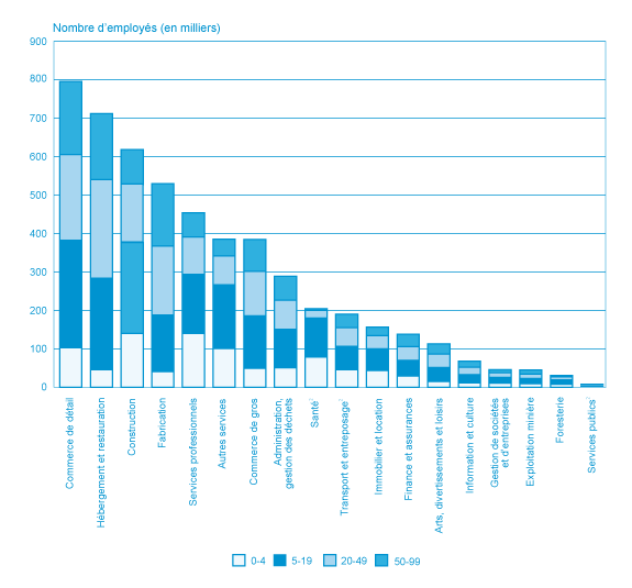 Figure 7 : Nombre d'employés dans le secteur privé, selon l'industrie et la taille de l'entreprise, 2011 (la description détaillée se trouve sous l'image)