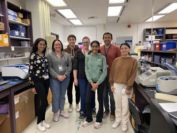 Members of the Molecular Identification research Laboratory (MIRL) from left to right: Saanchi Singh, Andree Ann Dupras, Jacob Weedmark, Gillian Cloot, Tisha Patel, Dr. Leonardo Galindo-Gonzalez, and Jennifer Villacres.