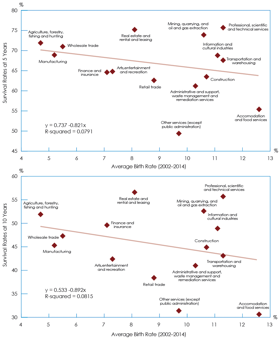 Line chart illustrating the Average Birth and Survival Rates at 5 Years and at 10 Years by Industry (the long description is located below the image)
