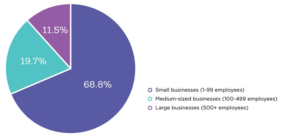 Pie chart illustrating the distribution of private sector employees by business size, 2019 (the long description is located below the image)