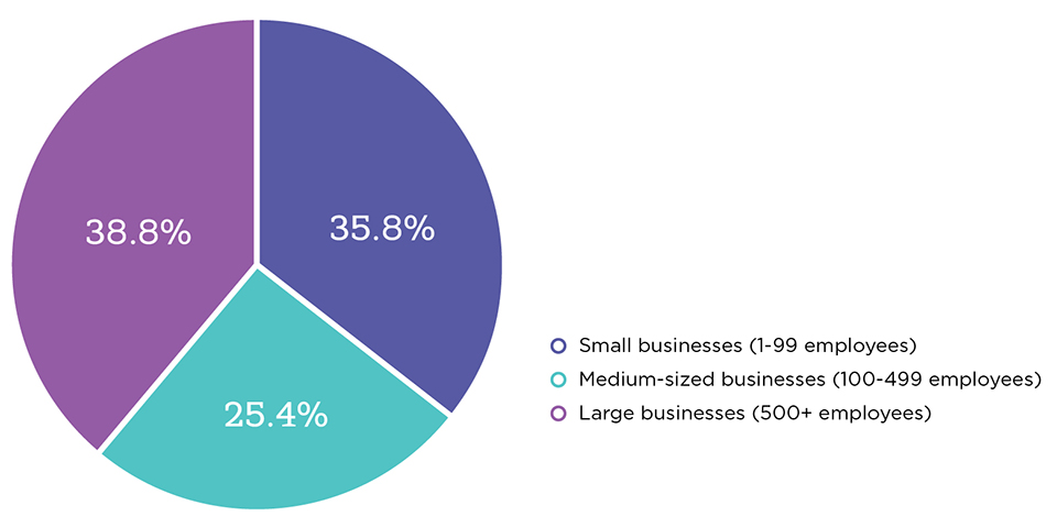 Pie chart illustrating the contribution to net employment change of private sector businesses by business size, 2014–2019 (the long description is located below the image)