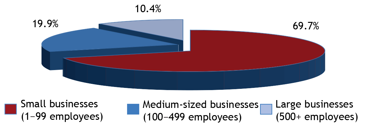 Pie chart illustrating the distribution of private sector employees by business size, 2017 (the long description is located below the image)