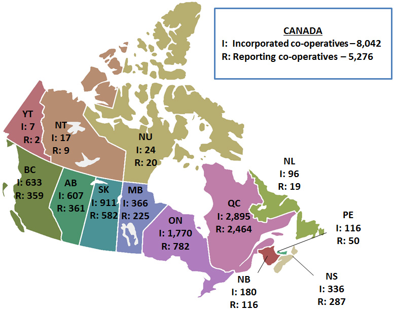 Map of Canada representing Co-operatives by Head Office Location (the long description is located below the image)