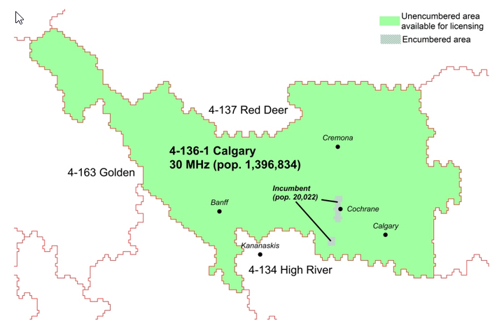 Figure B2: Map of service area 4-136-1 Calgary where 30 MHz of spectrum is available
