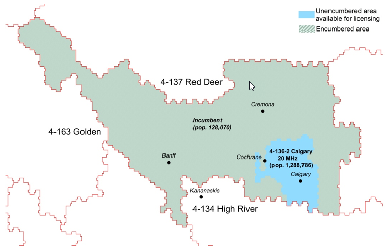 Figure B3: Map of service area 4-136-2 Calgary where 20 MHz of spectrum is available