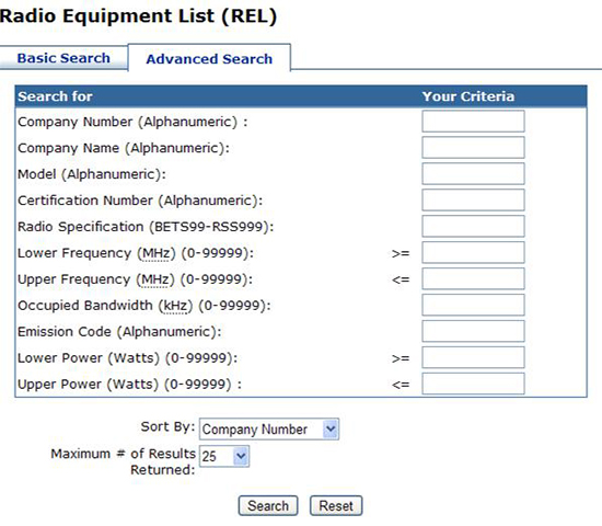 Figure 3 – Screenshot of Radio Equipment List Search Interface (the long description is located below the image)