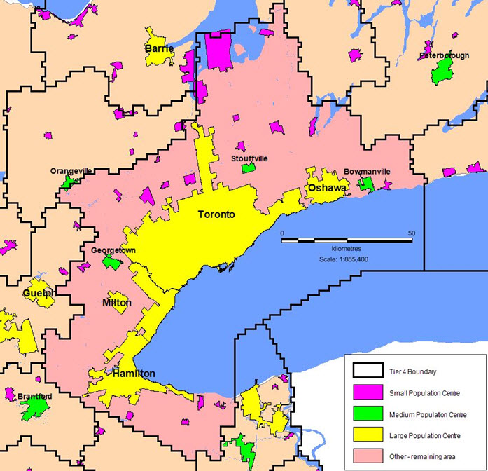 Figure 3: Option 2 based on population centres – with Tier 4-077 (Toronto) Overlay