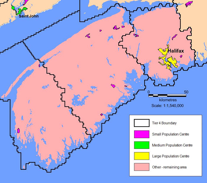 Figure 4: Option 2 based on population centres– with Tier 4-008 (Yarmouth), 4-009 (Bridgewater/Kentville), and 4-010 (Halifax) Overlay