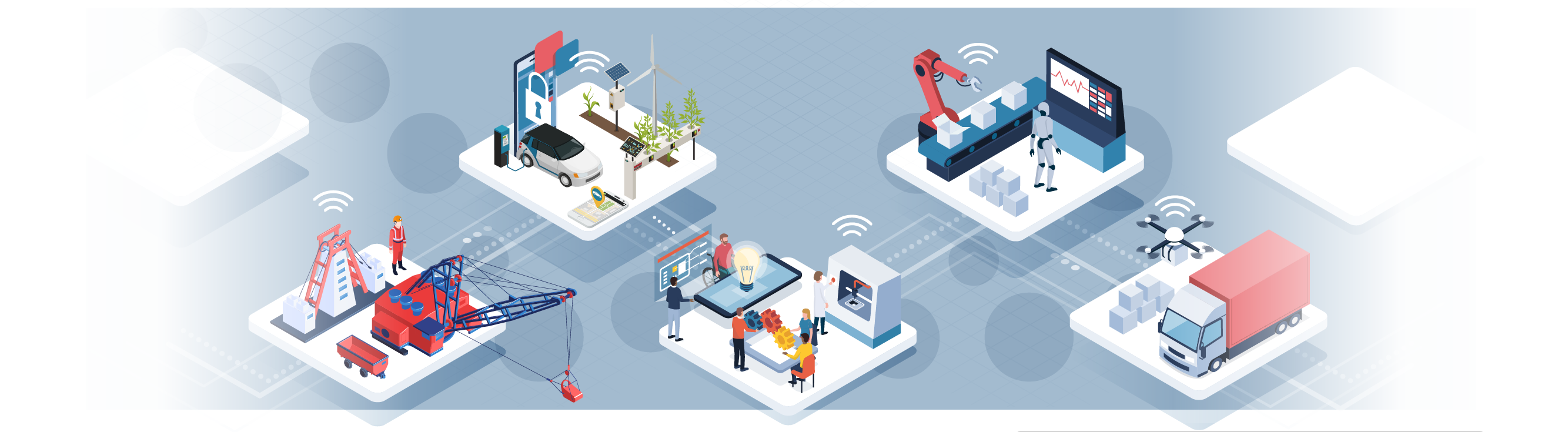 Images representing five examples of network application: 1. Heavy machinery work site, 2. Electric vehicle charging stations, 3. Laboratory, 4. Robot operated factory, 5. Drone assisted transport and delivery system