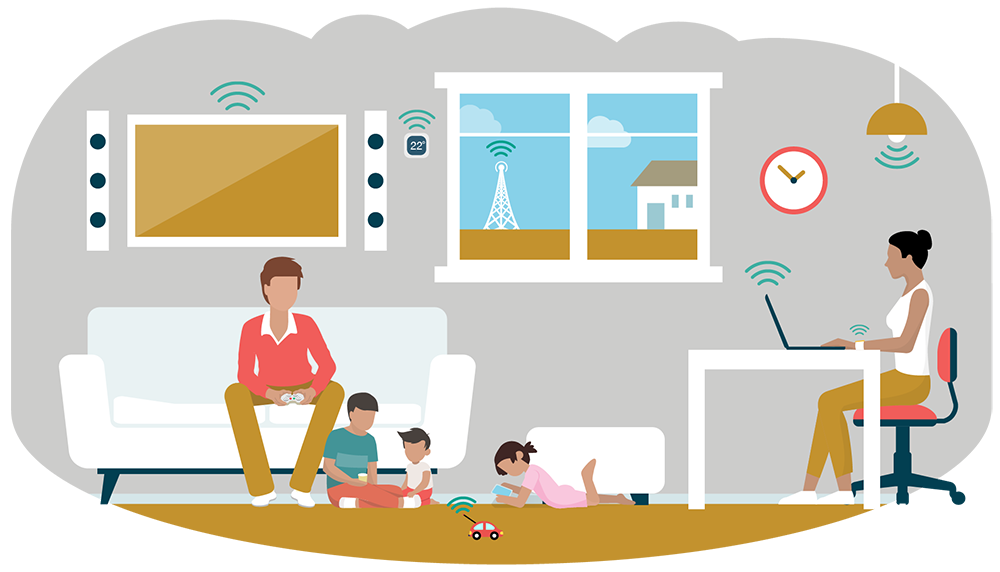 Decorative banner of a family using devices
