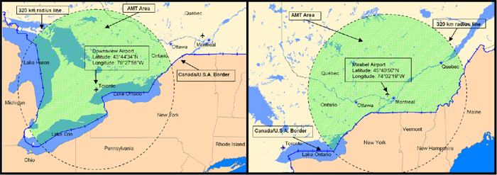 Map of areas within a 320 km radius of the Downsview (Toronto) and Mirabel (Montreal) Airports (the long description is located below the image)