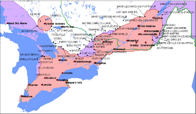Carte de zones de service : Québec/Ontario (la description détaillée se trouve sous l'image)