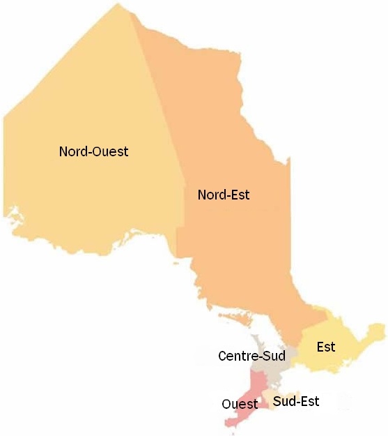 Figure 1. Répartition géographique des 6 régions de SADC : Nord-Ouest, Nord-Est, Centre-Sud, Est, Ouest, et Sud-Ouest